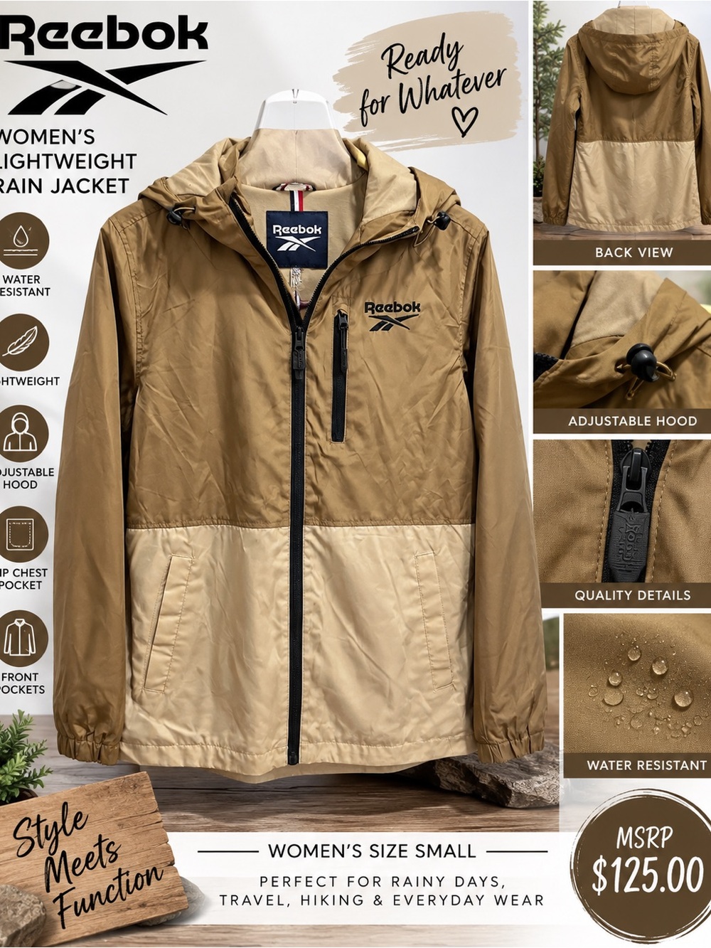 Reebok Lightweight Rain Jacket Color Block Brown Size Small